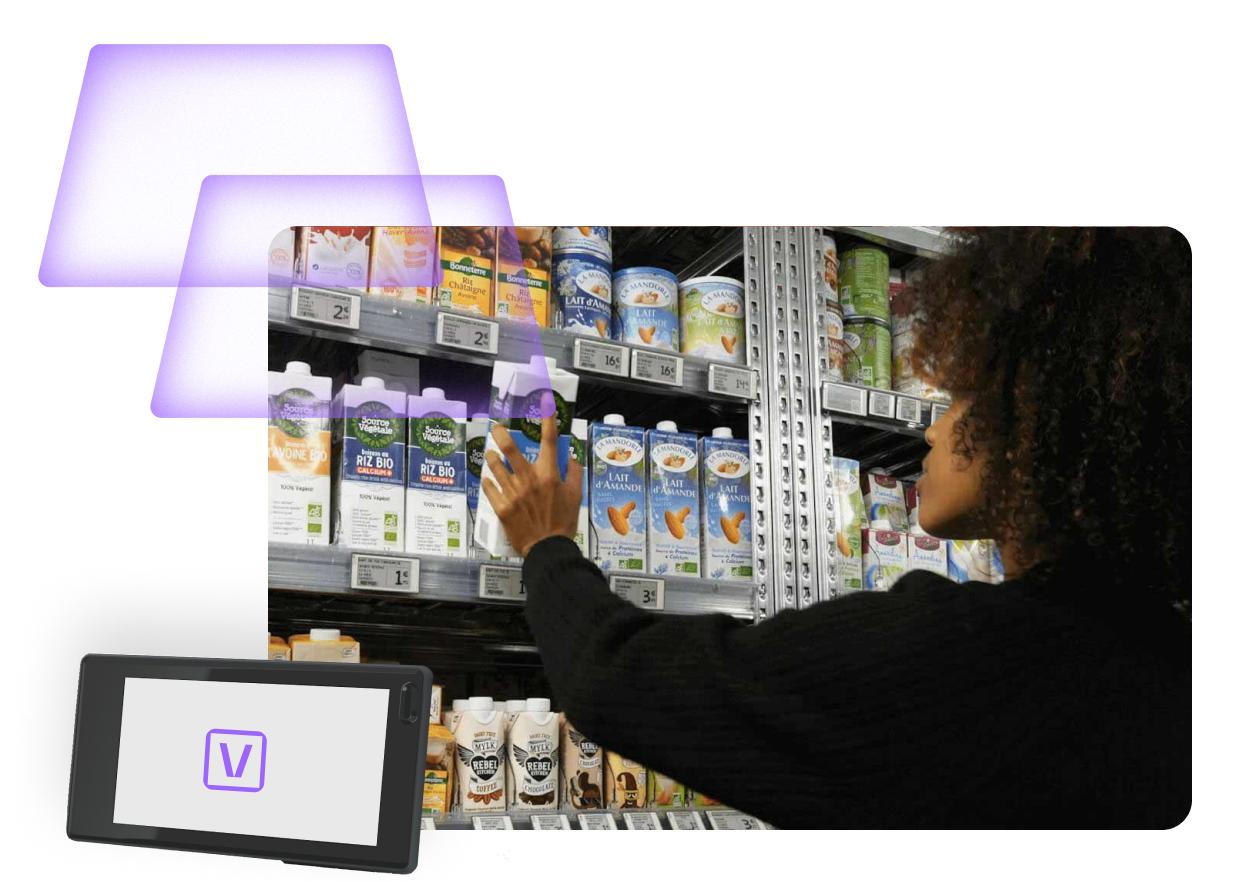 Shopper reaches for grocery item off of shelf with Vusion ESL (Electronic Shelf Label)